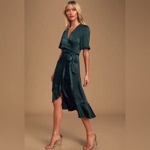 Lulus Wrapped Up In Love Dark Green Satin Faux-Wrap Midi Dress